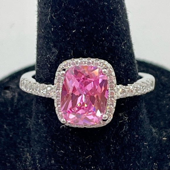 PLATINUM PLATED SS 925 2CT ROUND CUT PINK SAPPHIRE W/CZ DIAMONDS RING - Picture 5 of 6